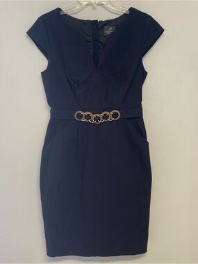 Adrianna Papell Black Midi Sheath Dress with Gold Chain Belt